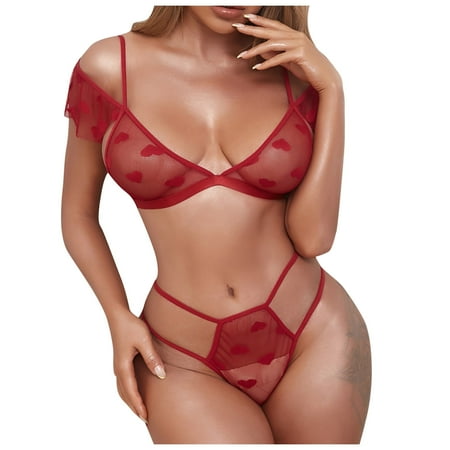 

BIZIZA Women Lingerie Sets Heart Print Sexy Sheer Mesh 2 Piece Babydoll Womens Bra and Panty Set Deep Red S