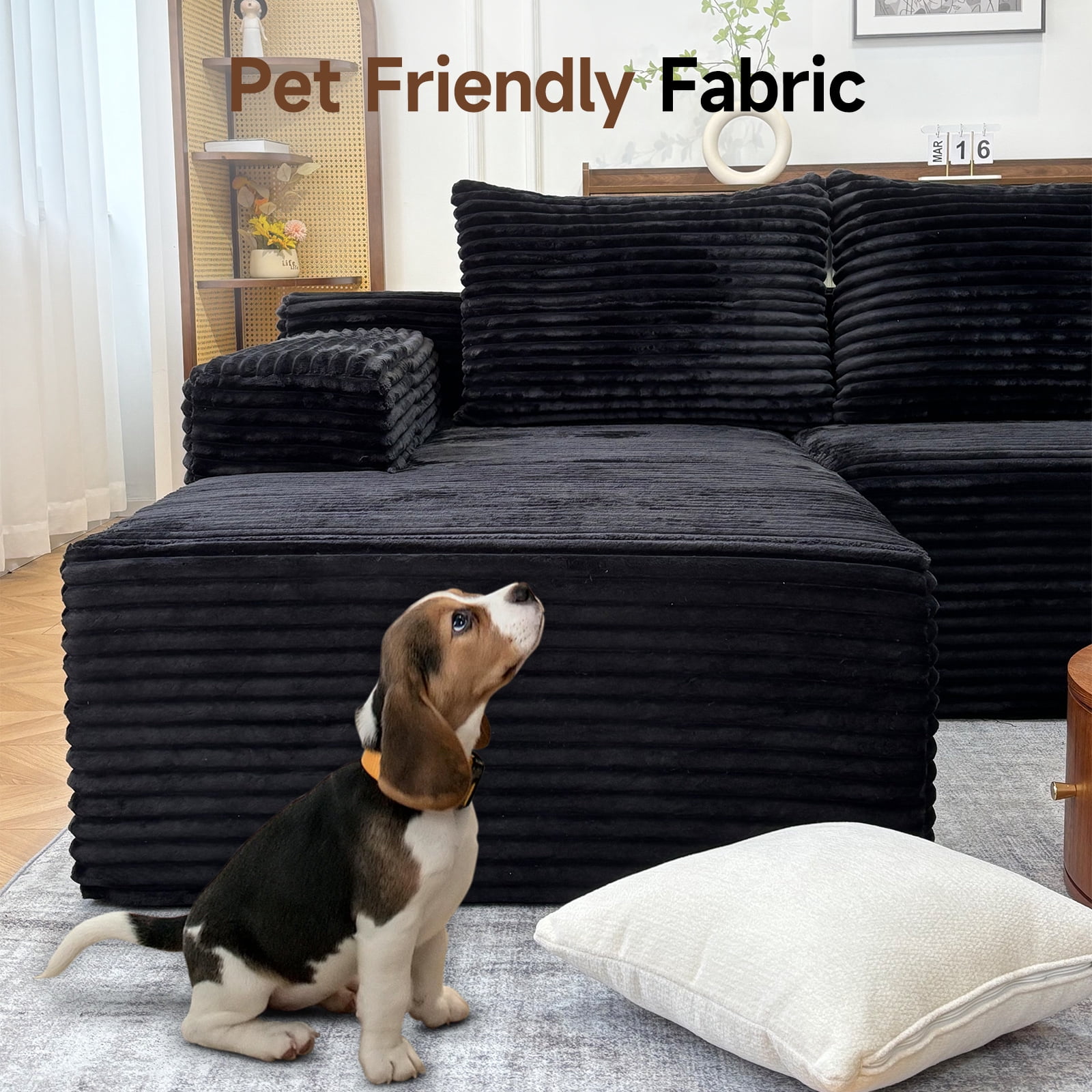 Kelyda 104'' Modular L-Shaped Sectional Sofa, Modern Memory Foam Deep Seat Corduroy Boneless Cloud Couch Black