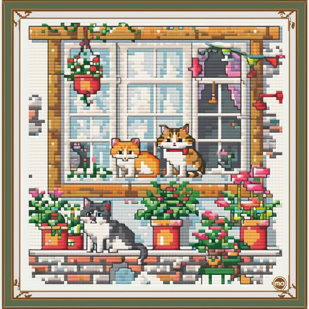 Cute Cartoon Cats Playing in Garden DIY 11CT Stamped Cross Stitch Kits for Beginners Easy Needlepoint Embroidery Counted Cross Stitch Art Craft for Wall Decoration 16x16inch(1)