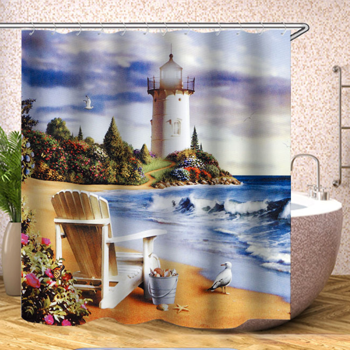 Sea & Lighthouse Bathroom Shower Curtain With/Without Toilet Cover Mat ...