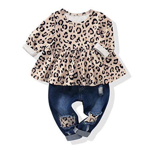 NZRVAWS Girls Pants Set Infant Ripped Jeans Floral Long Sleeve T Shirt Tops Toddler Ruffle Outfits for Fall 