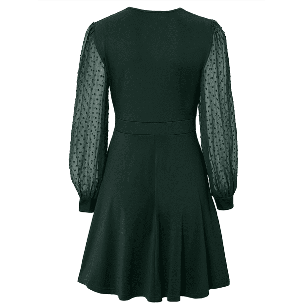 Vestido Corto Fruncido con Escote en V para Mujer, Color Verde, Talla L