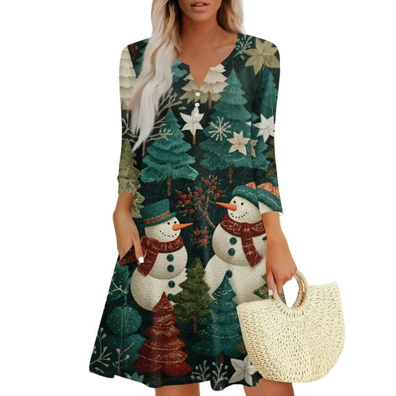 Christmas Dresses for Women Women's Christmas Printed Fashionable V-neck Button Seven Part Cuff Pocket Dress for Holiday Party,Army Green,L