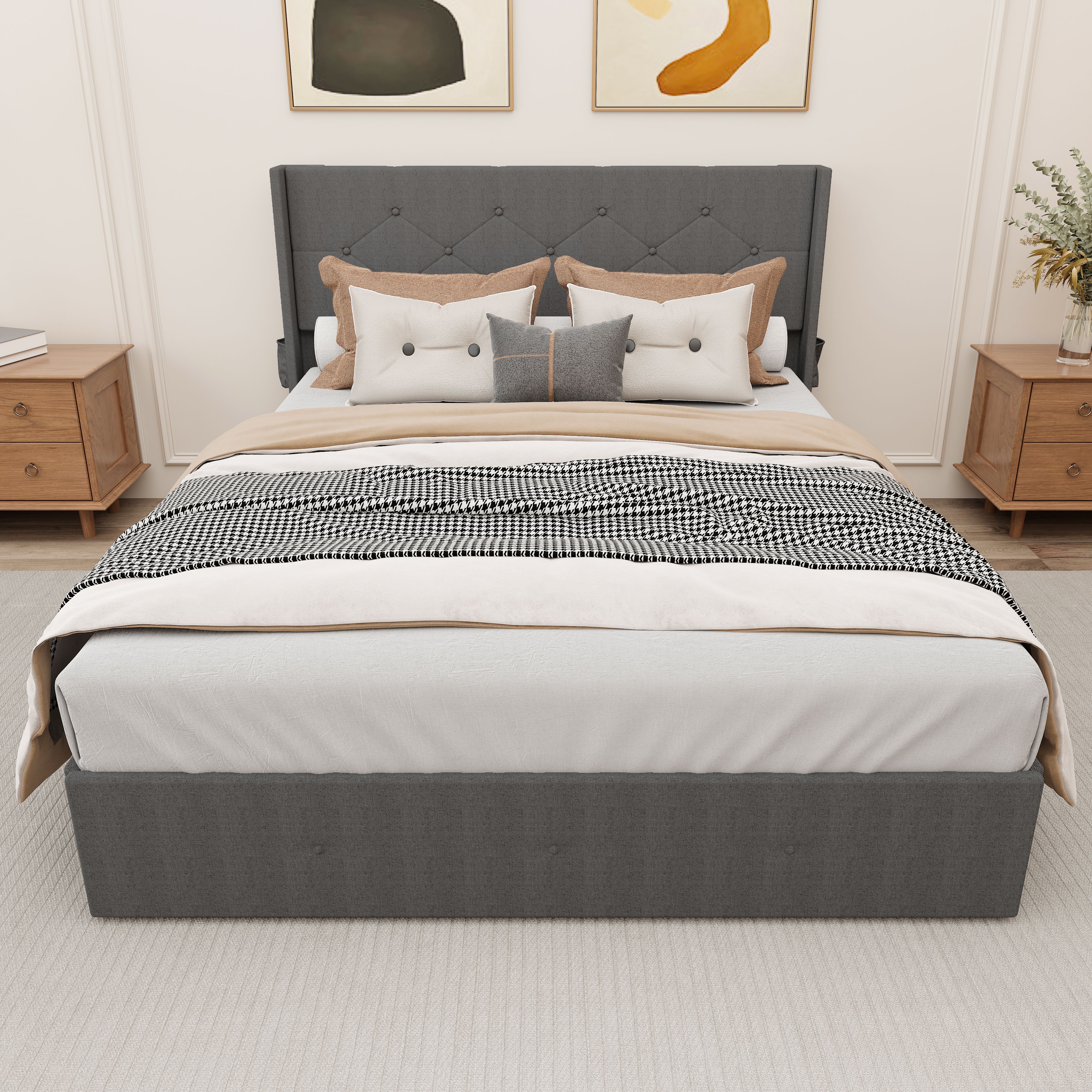 Lisonu Modern Queen Size Bed Frame with Storage, Wingback Headboard, USB Ports, Dark Gray Upholstered