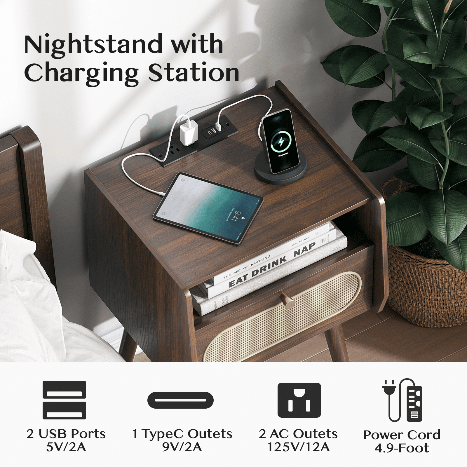 JOINICE Nightstands with Charging Station, Set of 2, Mid-Century Modern End Tables, Dark Walnut