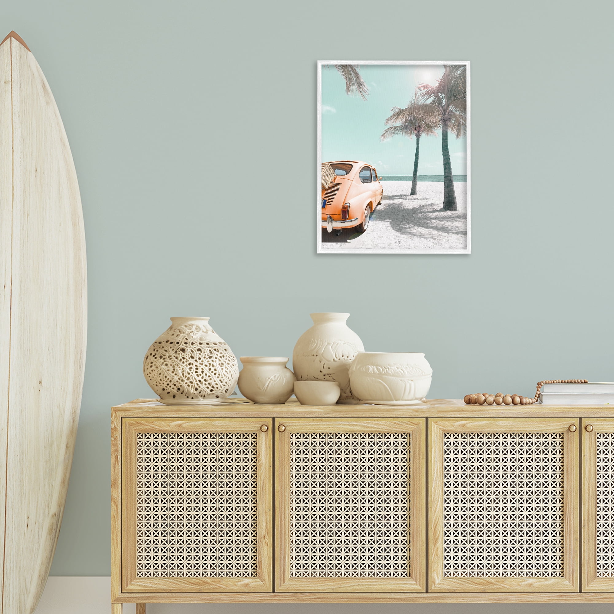 Stupell Industries Orange Car on Beach Coastal Painting White Framed Art Print Wall Art, 24 x 30
