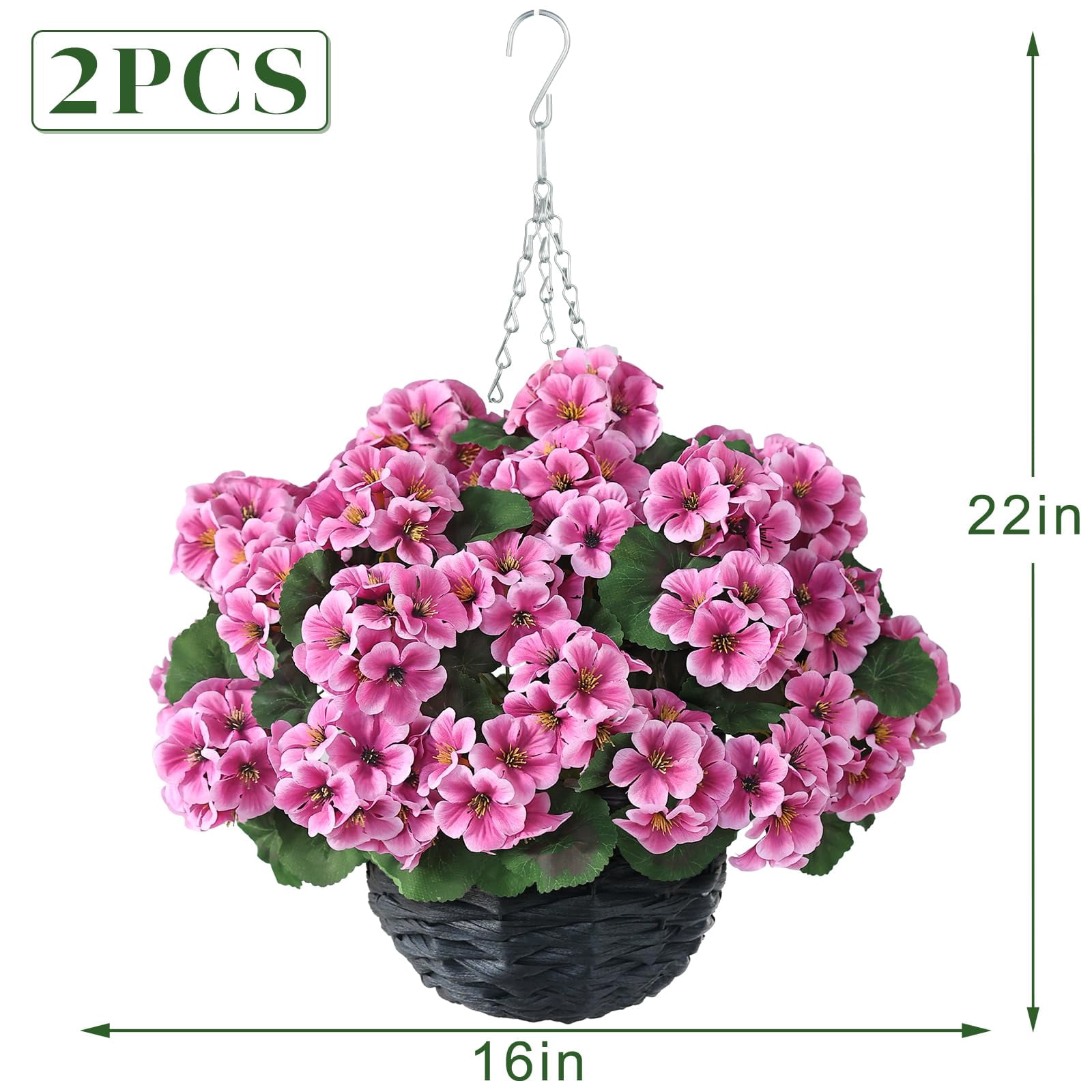 2 Set Artificial Geraniums Flowers with Hanging Baskets for Outdoors - Sun Resistant Silk with Geranium Flowers, Fake Hanging Planters for Front Porch Garden Patio Home Decor (Red)
