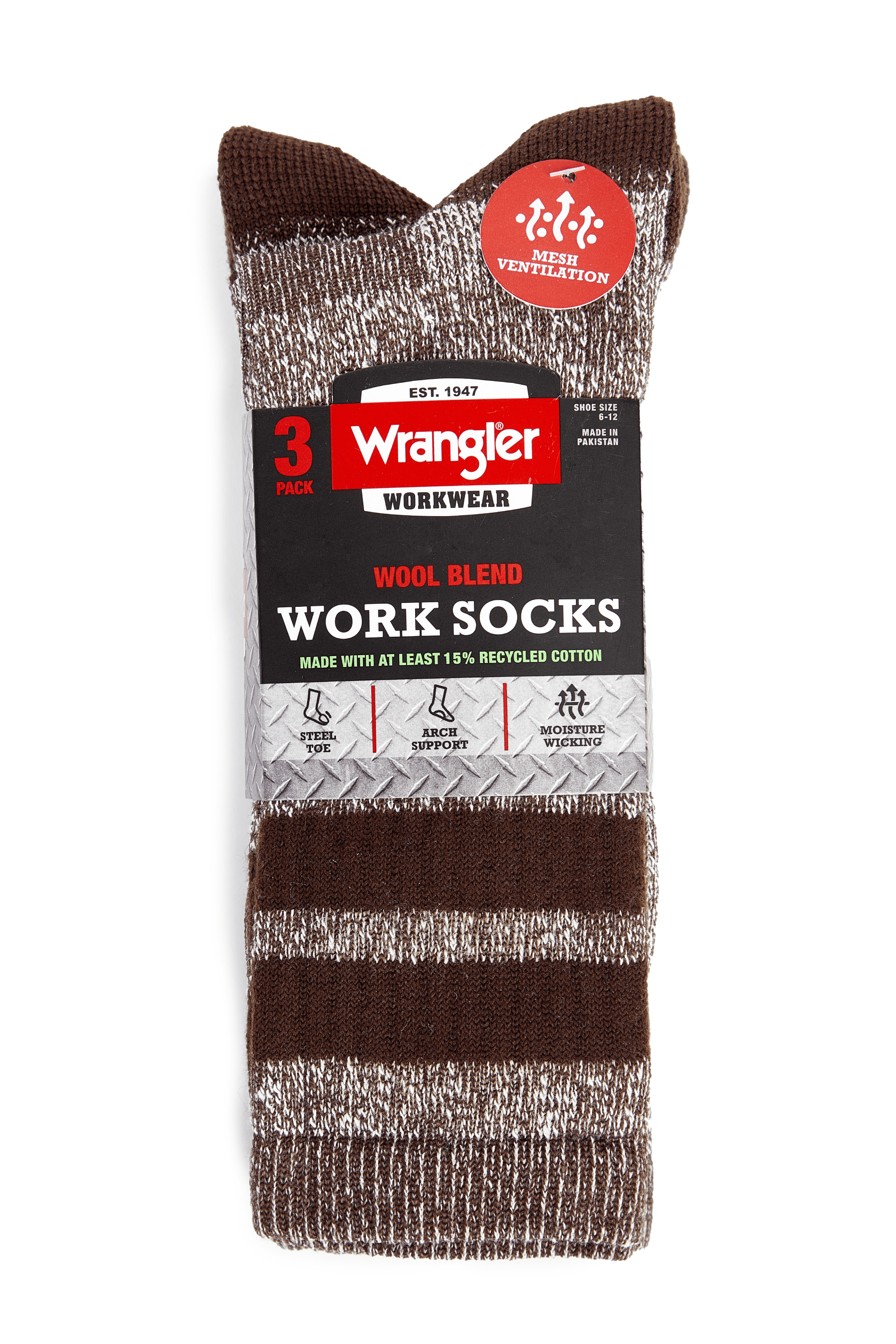 Wrangler Workwear Men's Wool Striped Socks, Moisture Wicking Work Socks, 6-12, Brown, 3-Pack