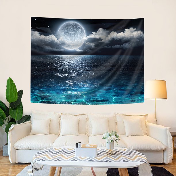 Cielo Nocturno Tapiz Luna Llena en el Mar Tapiz Colgante de Pared Fantasía Nube Blanca Tapiz Acuarela Tapiz Arte de Pared para Dormitorio Sala de Estar Dormitorio Decoración de Pared,100*150CM