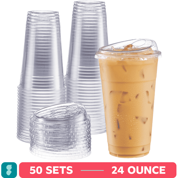 GUSTO 24 Oz Crystal Clear Plastic Cups with Strawless Sip Lids, 50-Pack
