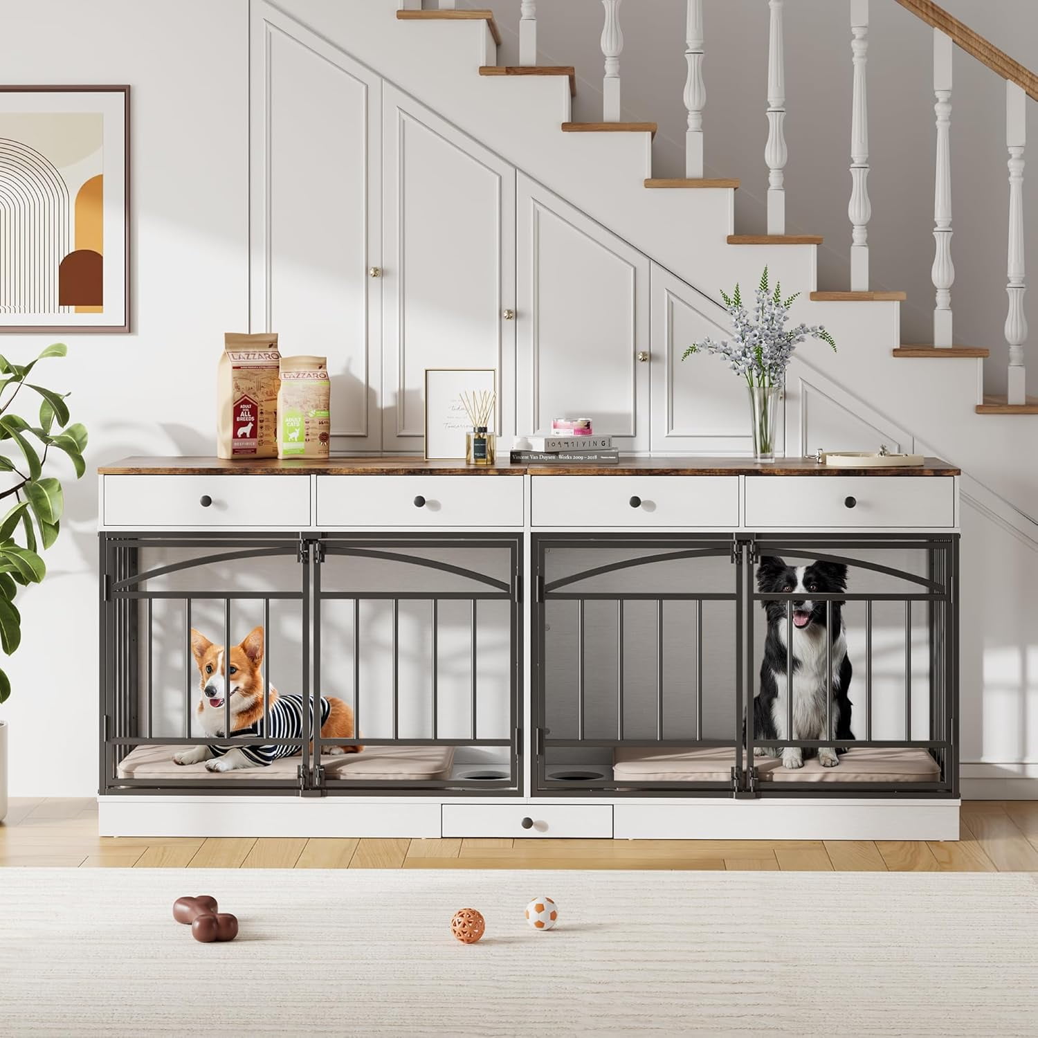IdealHouse Double Dog Crate Furniture for 2 Dogs, Indoor Pet Kennel TV Stand with 4 Storage Drawers & Feeding Bowls, for Small/Medium Dogs, White