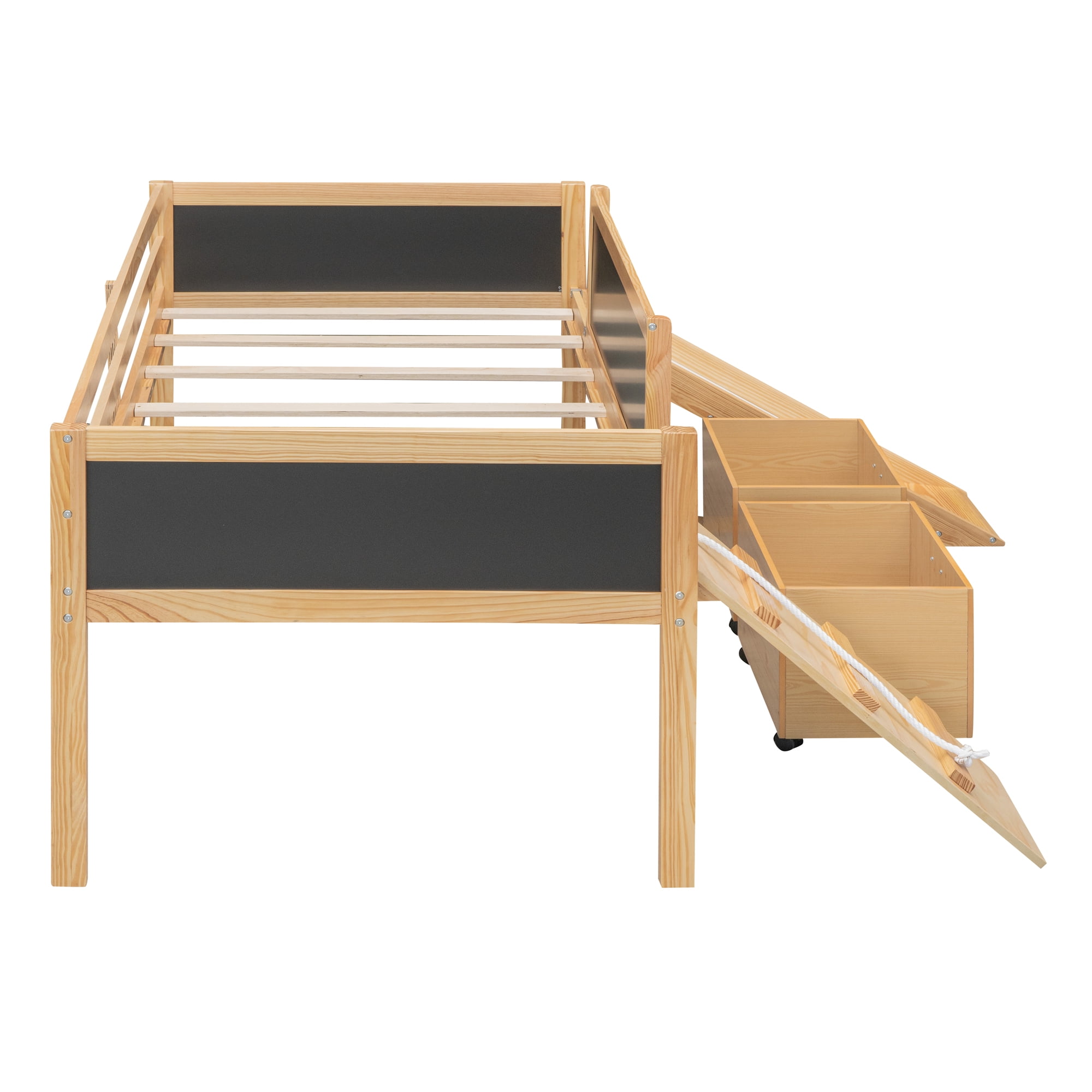 Gewnee Twin Size Wood Loft Bed with Slide,Climbing Frame,Two Movable Drawers and Chalkboard for Kids,Natural