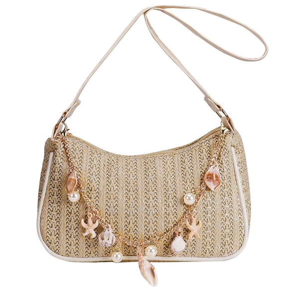 BadPiggies Women's Straw Shoulder Bag Cute Hobo Purses and Handbags Underarm Purse Clutch Totes with Shell Chain (Khaki)