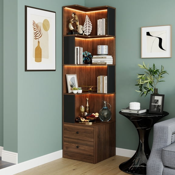Noble House 68.9" 4-Tier Corner Bookcase with Hidden Drawers and LED Lights, L-Shaped Display Bookshelf, Walnut