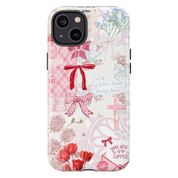 Pink Bow Floral Collage Phone Case, Coquette Aesthetic Cross Ribbon Cover for iPhone 17 16 15 14 13 12 11 Pro Plus Mini