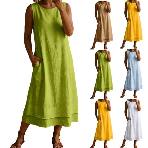 Bxsruta Womens Casual Dress Sleeveless Midi Sundress Loose Summer Beach Dresses with Pockets