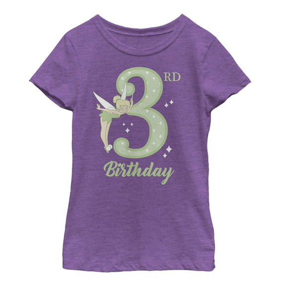 Girl's Peter Pan Tinker Bell 3rd Birthday Graphic Tee Purple Berry Large