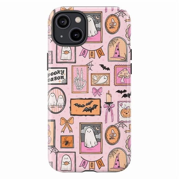 Cute Pink Halloween Pattern Phone Case, Spooky Ghosts, Bats, and Witch Hat Design Protective Cover for iPhone 16 15 14 13 12 11 Pro Max Mini