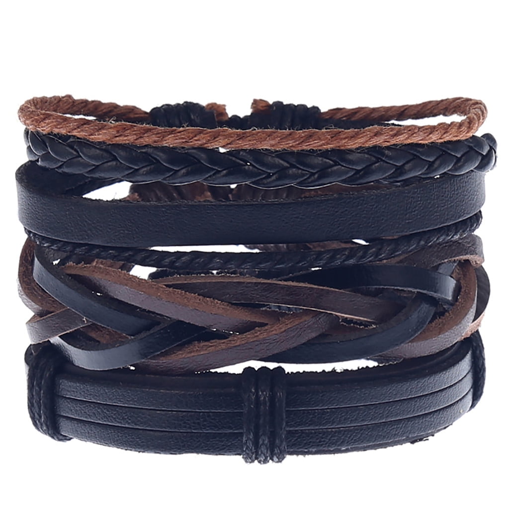 Leather Bracelet Men Simple Vintage Woven Leather Bracelet Alloy