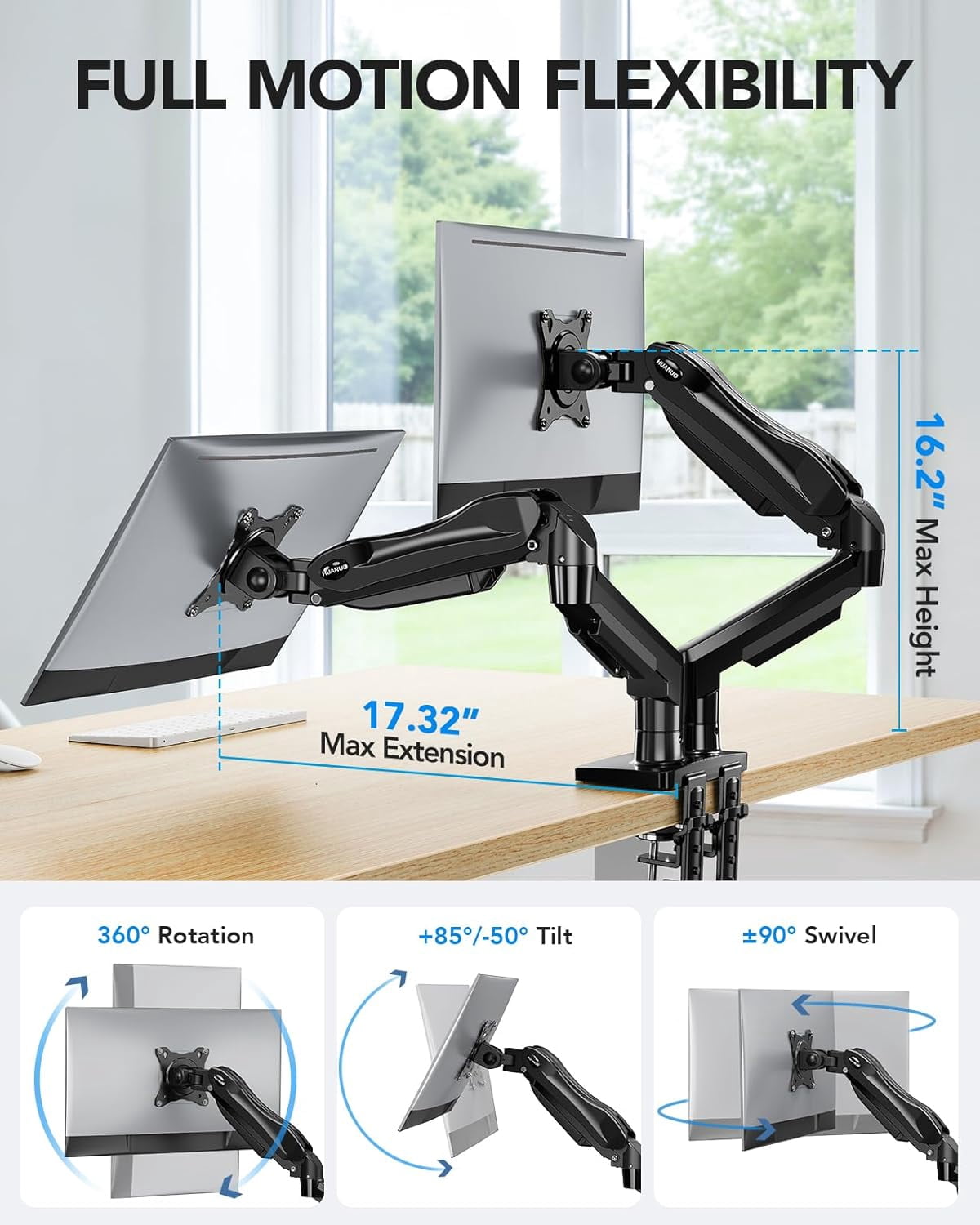 FlowLift Dual Monitor Stand Fully Adjustable Gaming Desk Mount for 13-32 Inch Screens