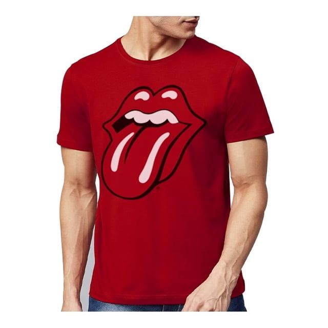 playera bravado the rolling stones talla g estampado rojo camiseta roja talla G con cuello redondo y manga corta, gran estampado frontal del logo de labios y lengua de The Rolling Stones, tela suave y ajuste regular visible en torso masculino sobre fondo neutro; ideal para combinar con jeans y a menudo usada como camiseta de concierto o fan en eventos informales.
