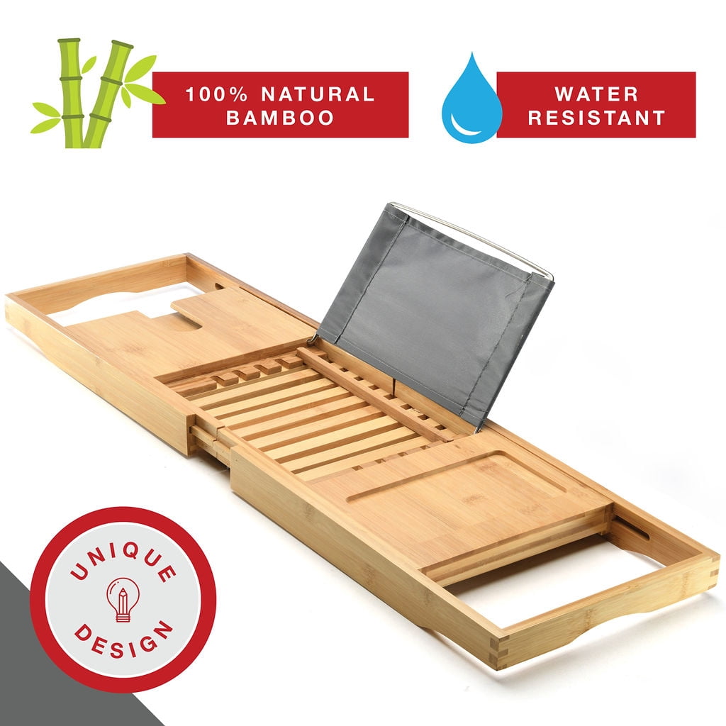 Bathtub Tray Caddy - Foldable Waterproof Bath Tray & Bath Caddy - Wooden Tub Organizer & Holder - Expandable Size, Fits Most Tubs