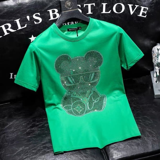 Violent Bear Half Hot Diamond Camiseta Hombres Algodón Puro Manga Corta ins Fashion Boys Toppangjing