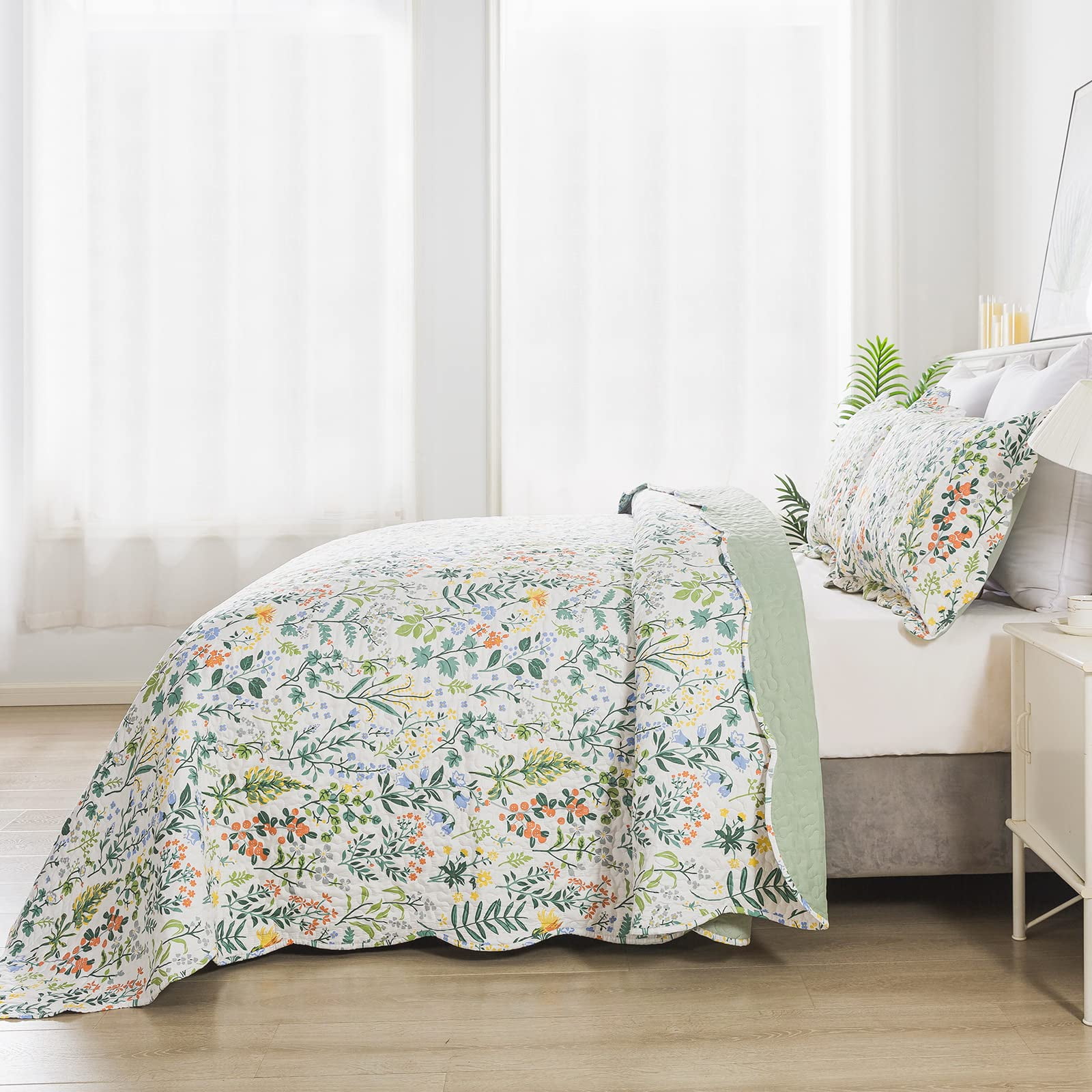 EWAYBY 3-Pieces Green Floral Quilt Sets, King