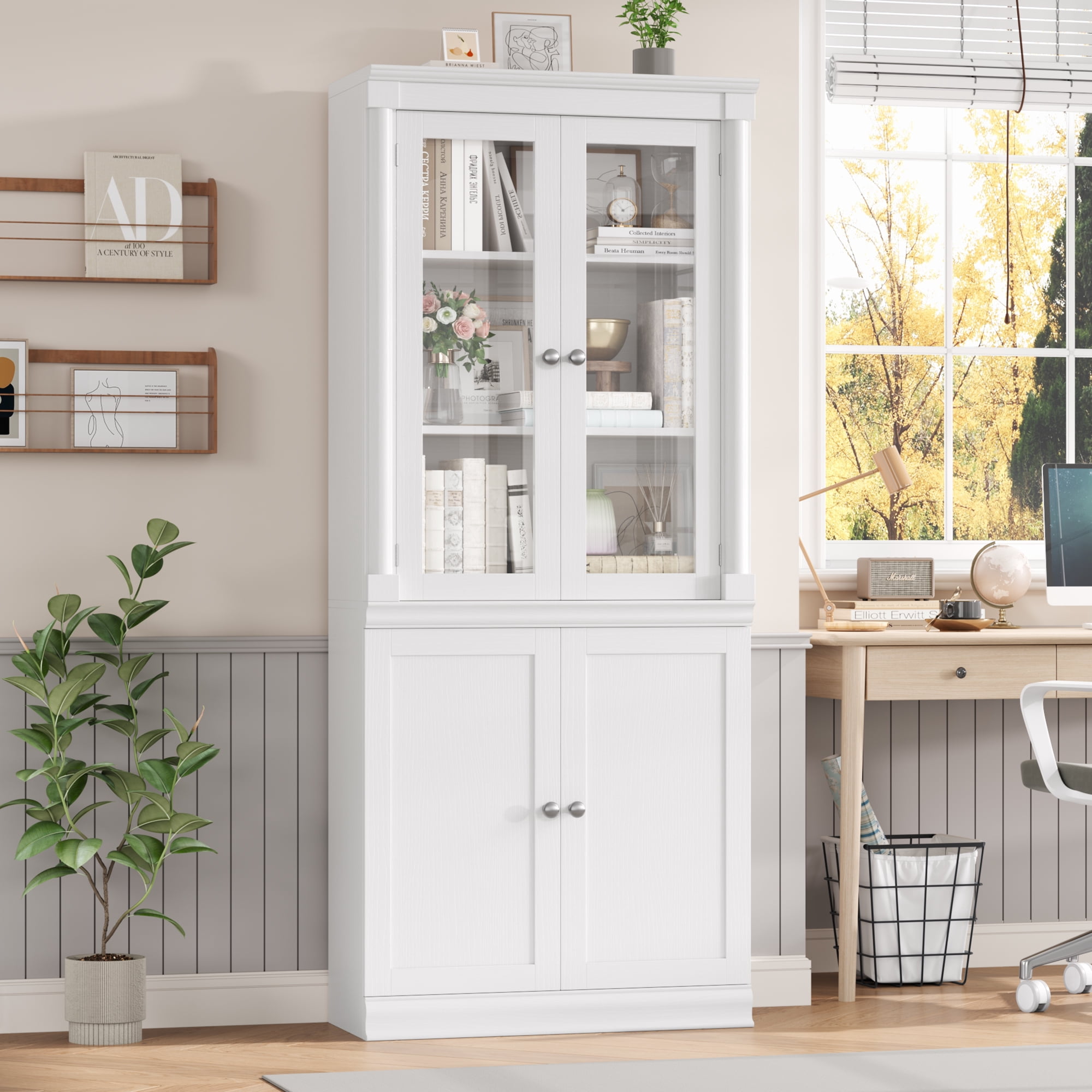 Homfa 71"H Bookcase with Glass Doors, 5 Tier Storage Bookshelf with Adjustable Shelf for Study Home Office, White
