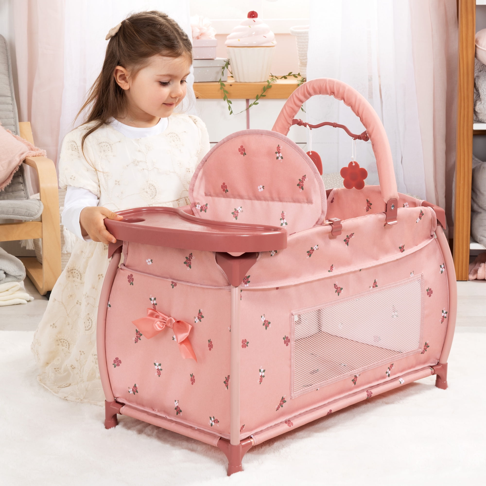 Bayer Design: Doll Multi-Bed - Pink & Flowers - Sleep Playpen, Built-In Feeding Highchair, Pillow-Blanket-Mobile, Care Center Fits 18" Dolls, Kids 3+