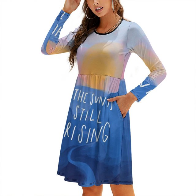 The Sun Is Still Rising-Inspirational Quote And Abstract Blue Sweetheart Knot Flared Dress Fashion Design Large Size Loose