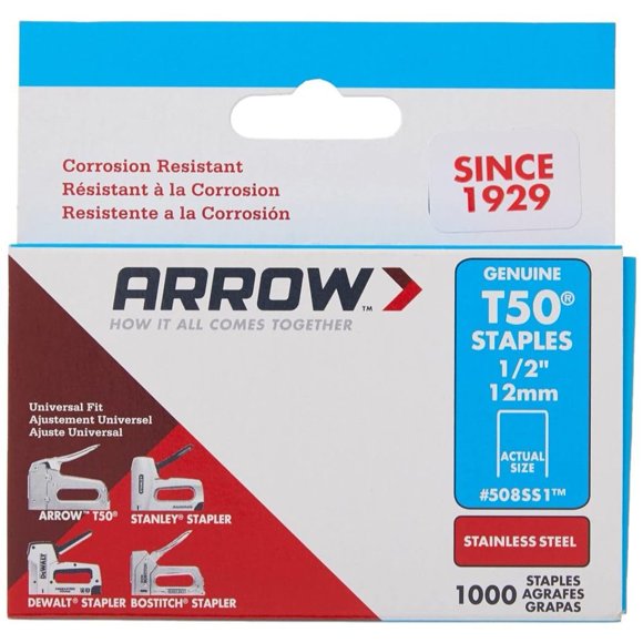 Grapas Staples Arrow Fastener 508SS1 T50 de Acero Inoxidable 12 mm Paquete de 3