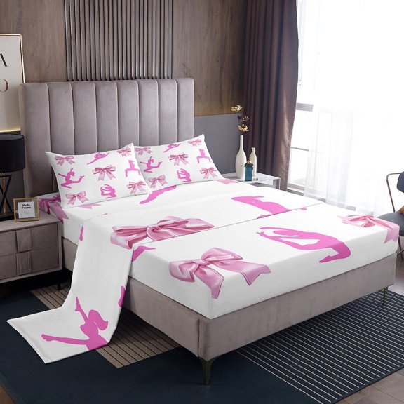 Erosebridal Gymnast Girl Sheet Set Twin,Pink Bowknot Bedding Sets Twin Size,Dreamy Princess Twin Sheet Sets,Microfiber Bowknot Bedroom Decoration,3pcs