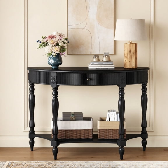 Accent Console Table with Semicircle Tabletop, Drawer & Shelf, Fluted Vintage Entryway Display Table, Sofa Table with Roman Legs