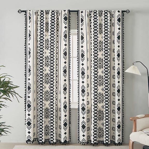 Nvzi 2‑Pack Boho Geometric Curtains, 59 x 62 Inch Black and White Curtains, Polyester Light Filtering Window Panel for Home Bedroom Living Room Bohemian Interior Decor,02