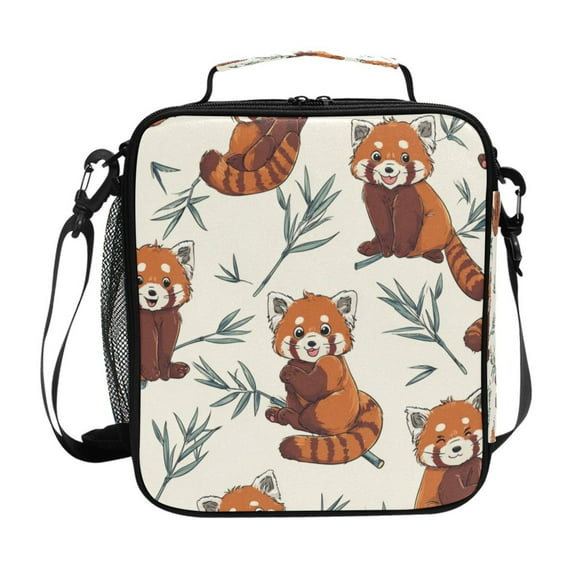 Insulated Square Lunch Bag 10.5" Leakproof Food Container Reusable Insulated Cooler Lunch Box for Work Picnic Red Panda Pattern