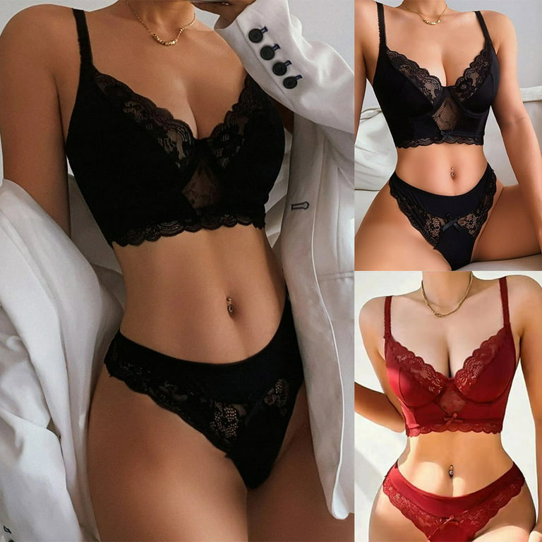 ALSLIAO Women Lace Sexy Lingerie Nightwear Underwear G-String Sleepwear Bra  Set Black S