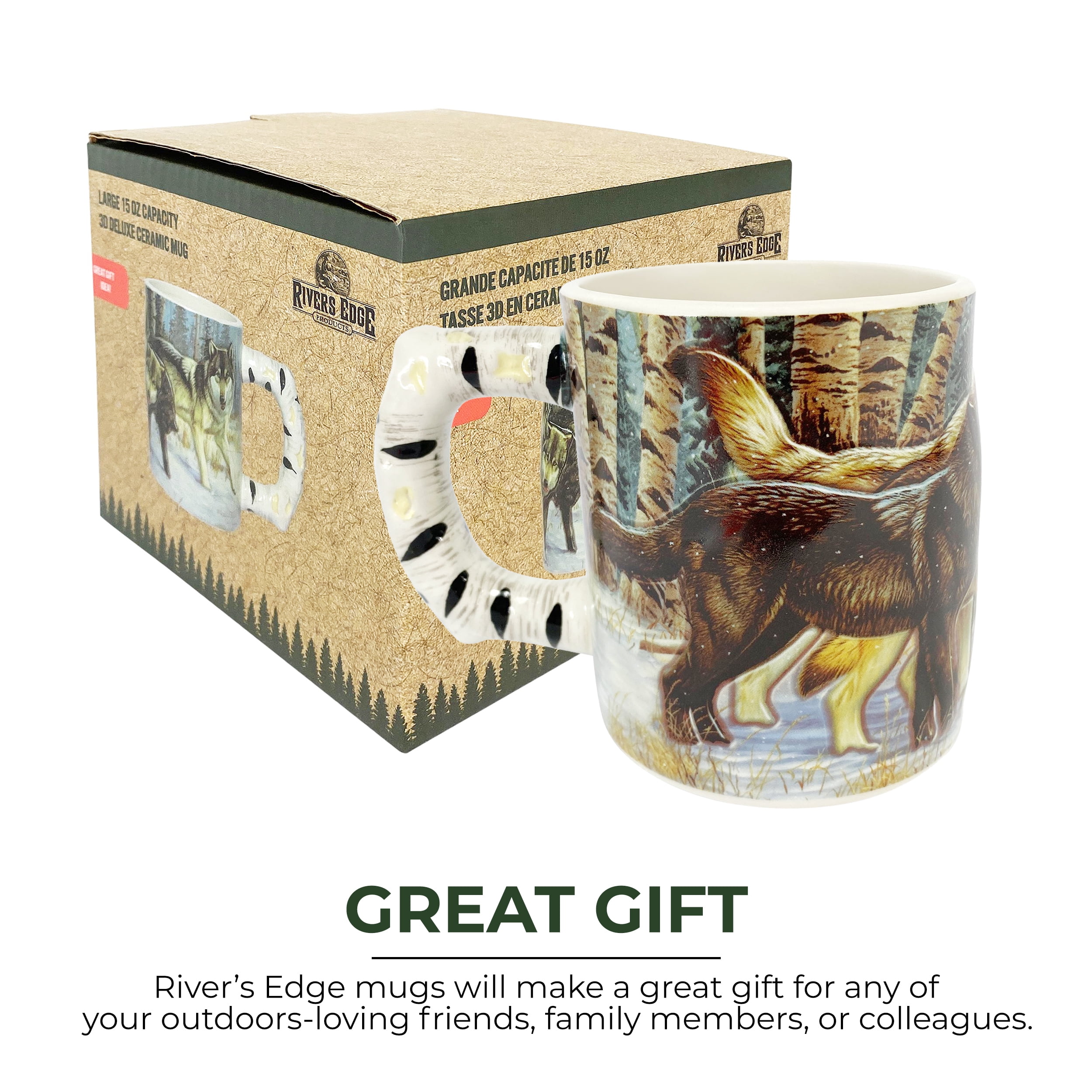 Rivers Edge Products Wolf 3D Ceramic Coffee Mug with Handle, 15 Ounces, Espresso Cups and Coffee Cups Ceramic, Perfect for Coffee, Expresso, Latte, or Tea, Wolf Scene
