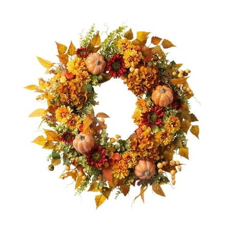Artificial Autumn Harvest Wreath with Pumpkins Sunflowers and Maple Leaves for Front Door Wall or Home Decor Seasonal Decoration
