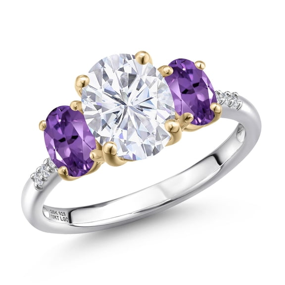 Gem Stone King 925 Silver and 10K Yellow Gold White Moissanite and Purple Amethyst and Lab Grown Diamond Engagement Ring for Women | 3.06 Cttw | Oval 9X7MM | Birthstone | Size 5