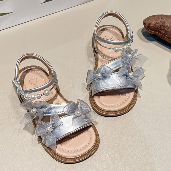 Eltusu Girls Sandals with Strap, Open Toe No Slip Soft Sole Princess Summer Sandals Silver Size 13(Little Kids)