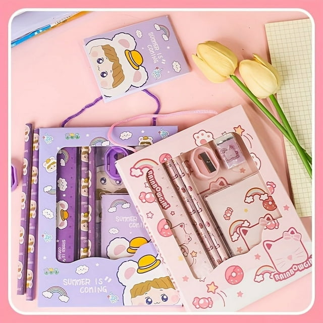 Ensemble de Papeterie Scolaire 6 Pcs/ensemble, 2 Crayons, 1 Règle, 1 Petit Livre, 1 Stylo Couteau et 1 Effaceur, Parfait pour Cadeaux et Fournitures de Rentrée