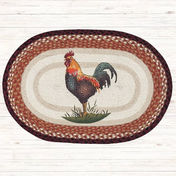 Rustic Rooster Braided Oval Rug - Handwoven with 100% Natural Jute and Hand-Stenciled