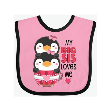 

Inktastic My Big Sis Loves Me- cute teacup penguins little sister Gift Baby Girl Bib