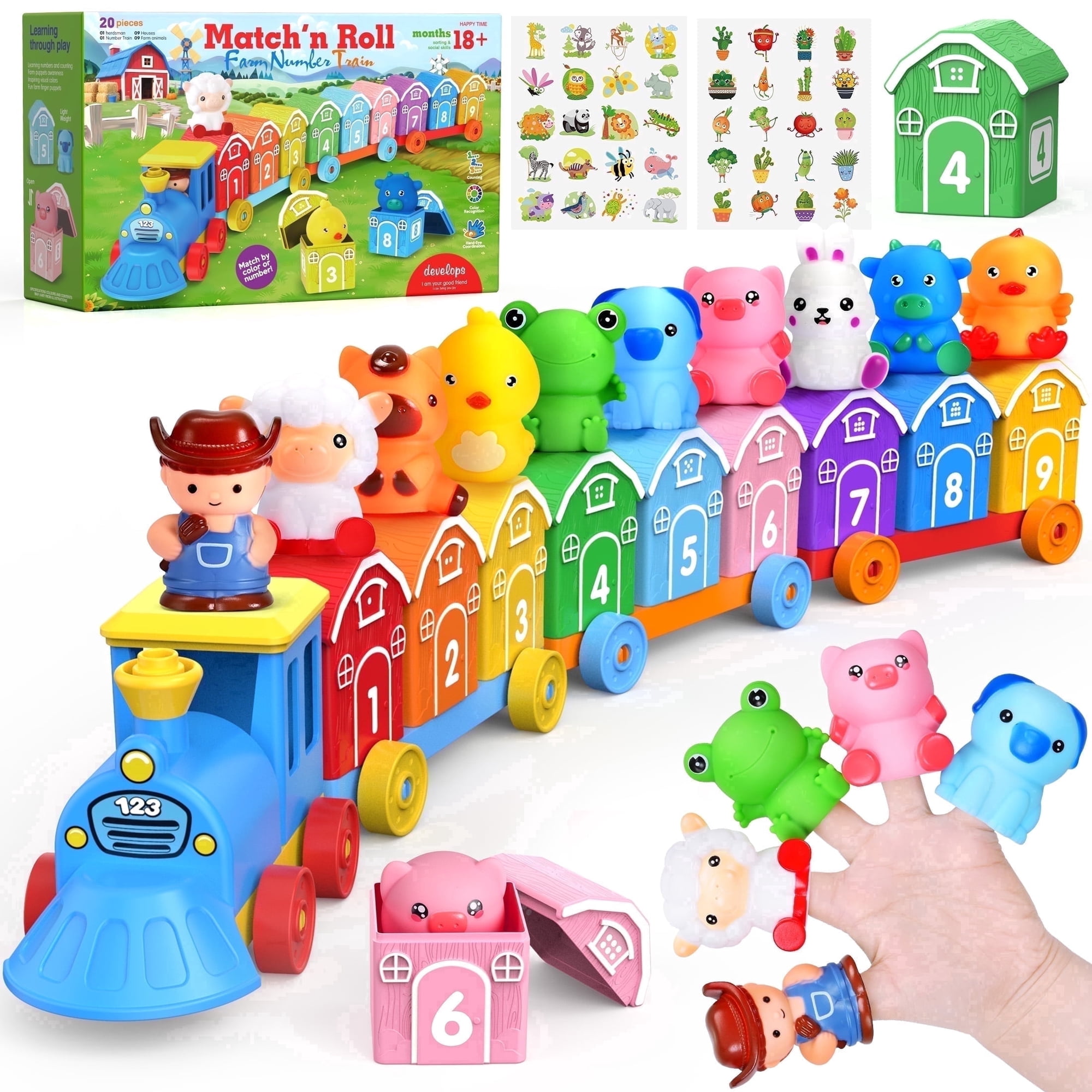 QIAHO Montessori Toys for Toddlers, 20 Pcs Counting, Matching, Sorting Preschool Learning Toy Train Set with Train, Barns and Finger Puppets Birthday Gift for Baby Boys Girls