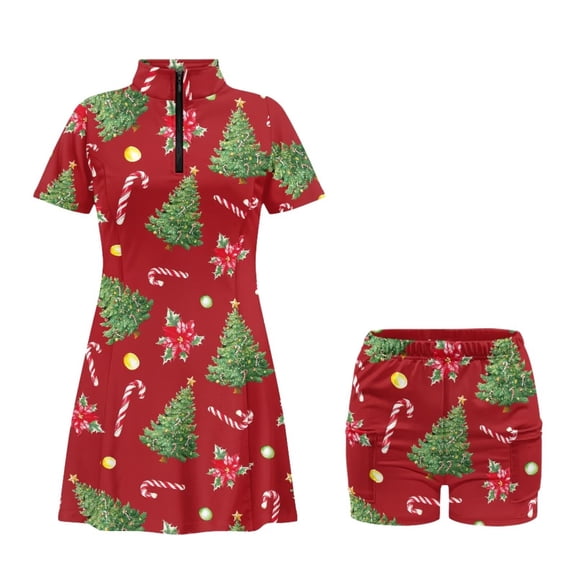 Psesaysky Christmas Tree Women's Tennis Dress with Built in Shorts for Women Zip up Golf Tennis Dress with Pockets&Collar 2 Piece Sets Christmas Workout Outfit-Candy Cane Print