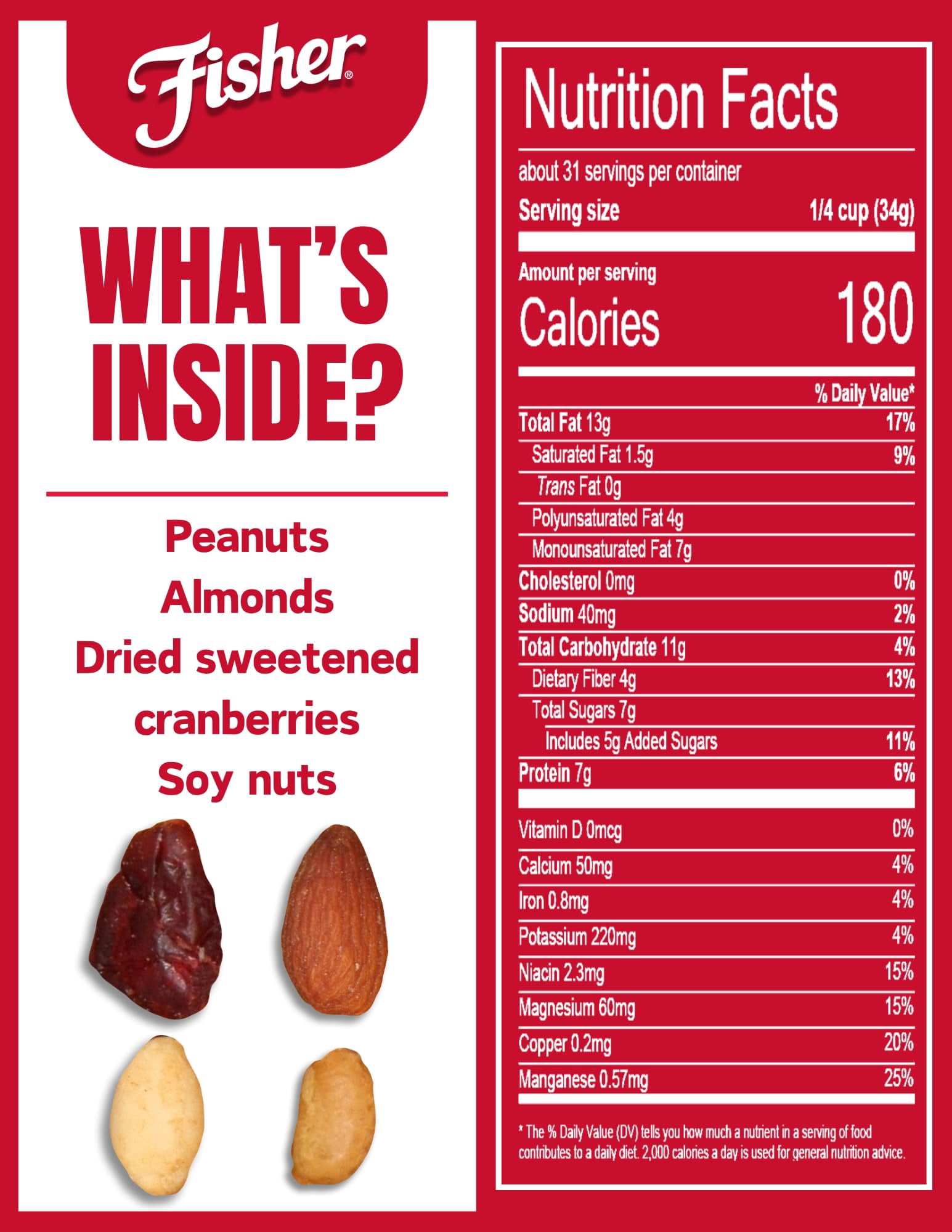 Fisher Snack Hunger Fighter Bulk Trail Mix, 38 oz (Pack of 1), Peanuts, Almonds, Dried Sweetened Cranberries and Soy Nuts, Snacks for Adults and Kids, Dried Fruit, Trail Mix Snacks