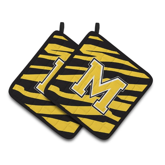 Caroline's Treasures Monogram Initial M Tiger Stripe - Black Gold Pair of Pot Holders
