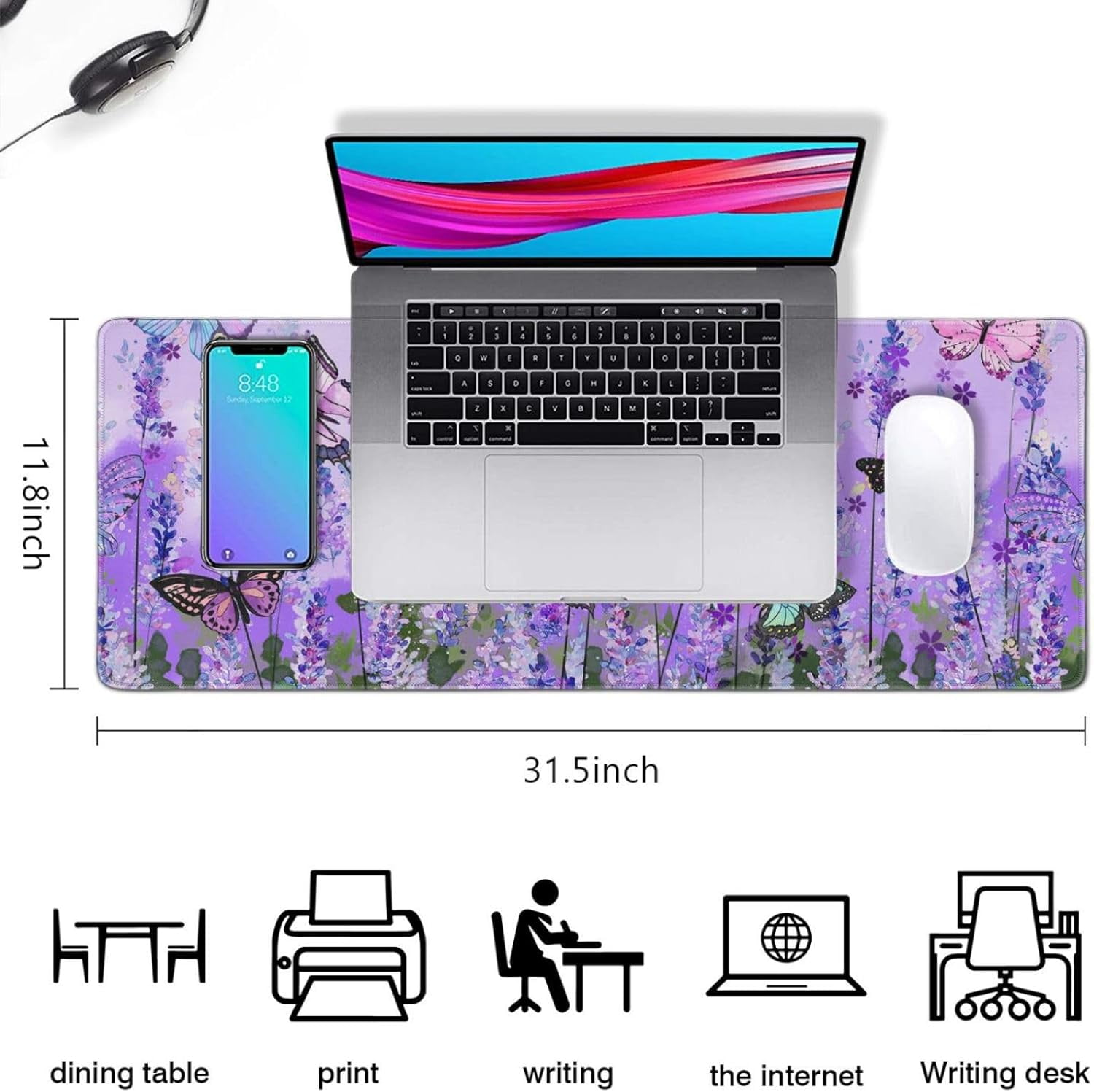 Butterfly Large Purple Desk Mat for Desktop - Office Desk Pad and Computer Desk Mat