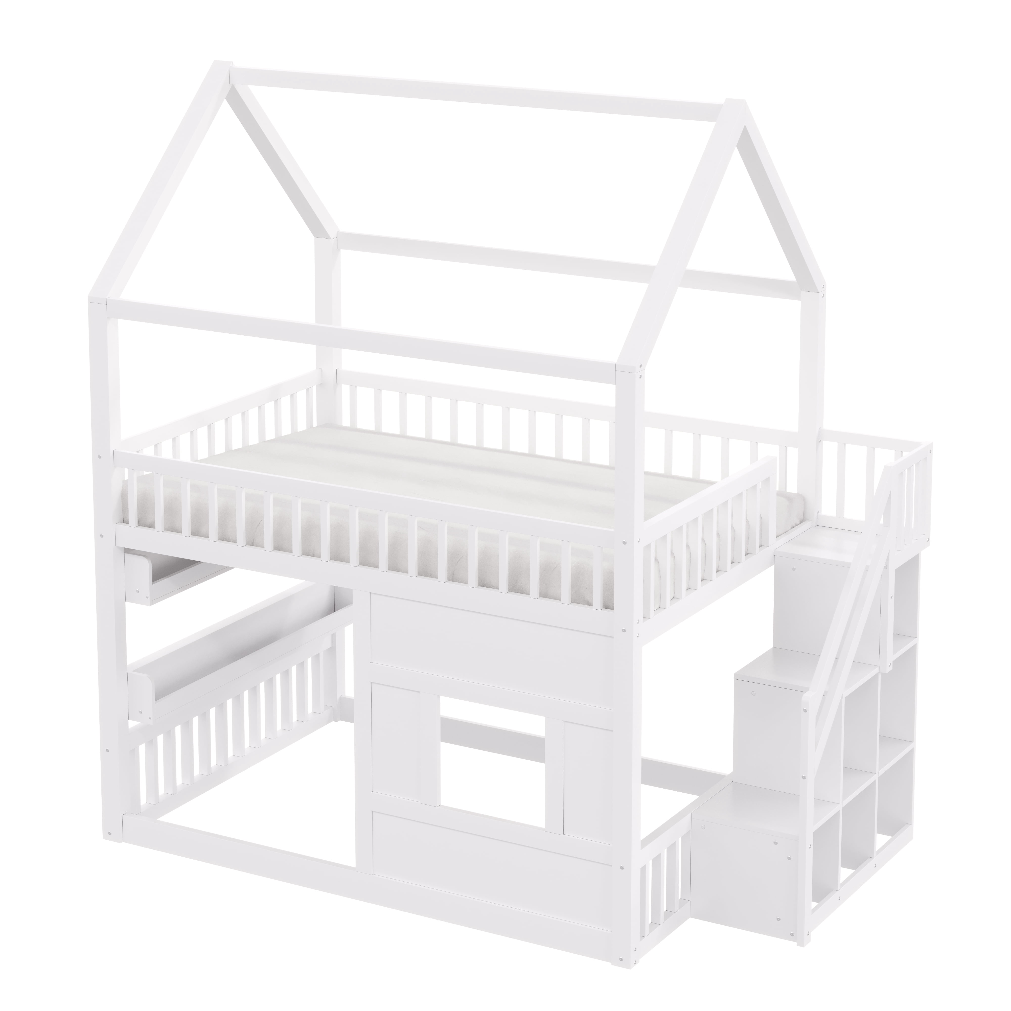 Euroco Wood Full over Full Bunk Bed with Staircase, House Bed with LED Light, White